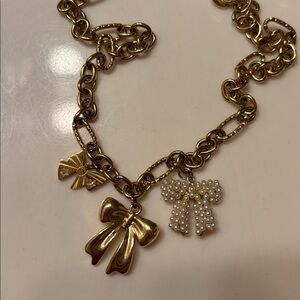 Gold Charm Necklace with Bow and Pearl Accents